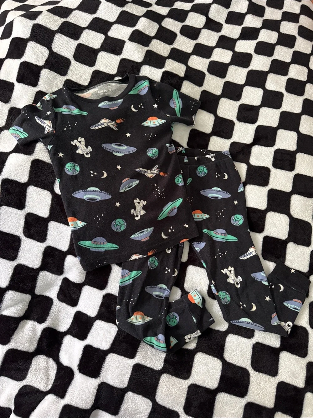 Kids Black Space UFO Pajama Set - Rocket & Astronaut Print